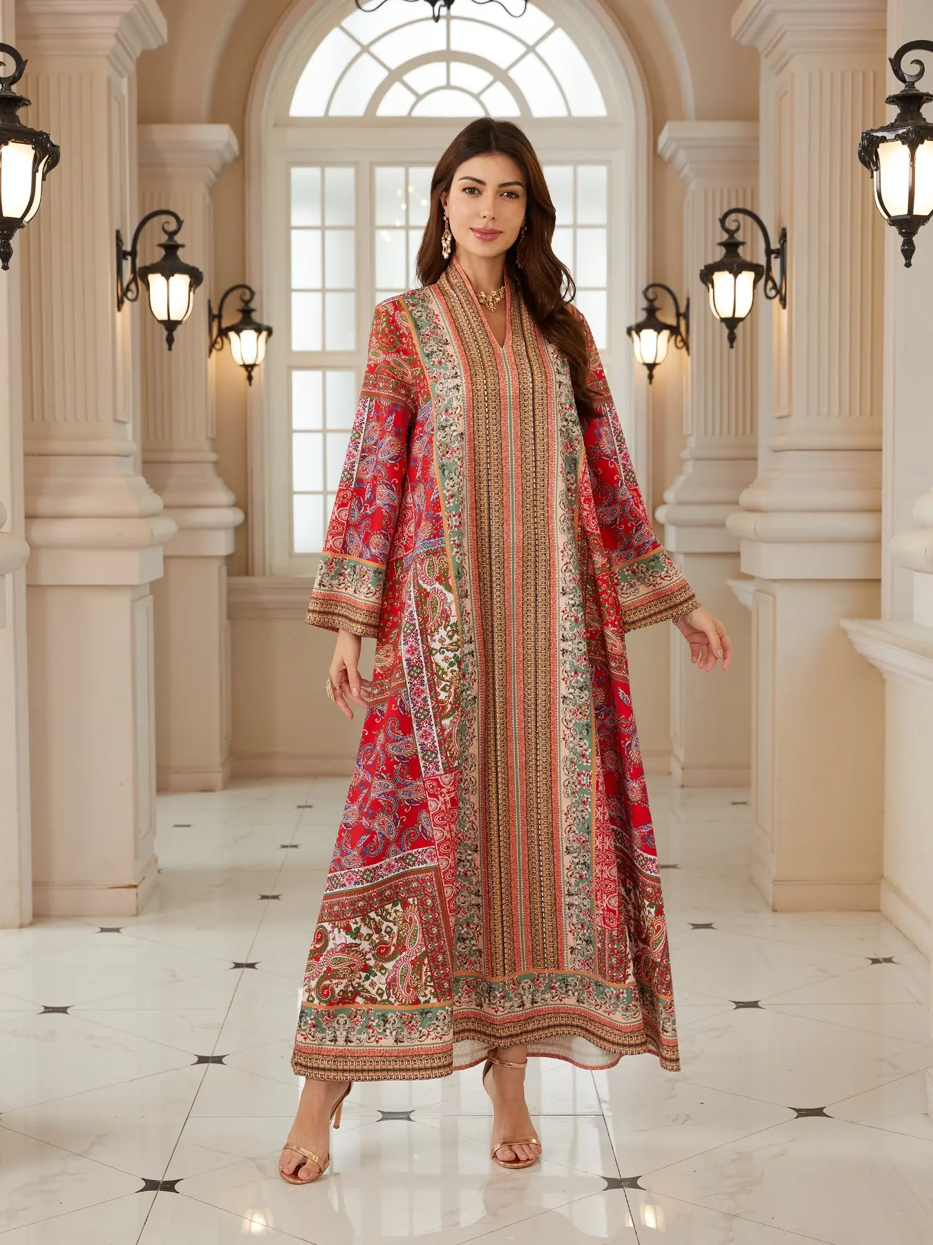 Middle East New Printed Embellished Ramadan Women's Loose Long Robe, Dubai Style Evening Kaftan Abaya Dress, Elegant Islamic Clothing All over Print