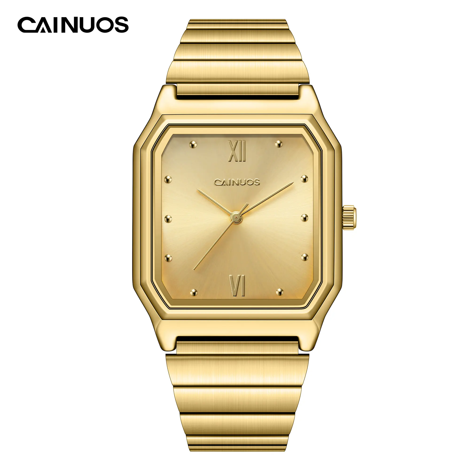 CAINUOS 5038G Men's Retro Square Quartz Watch, Minimalist Business Casual Wristwatch, Stainless Steel Bracelet Hardlex Crystal Slim Dress Watch for Office Daily Wear