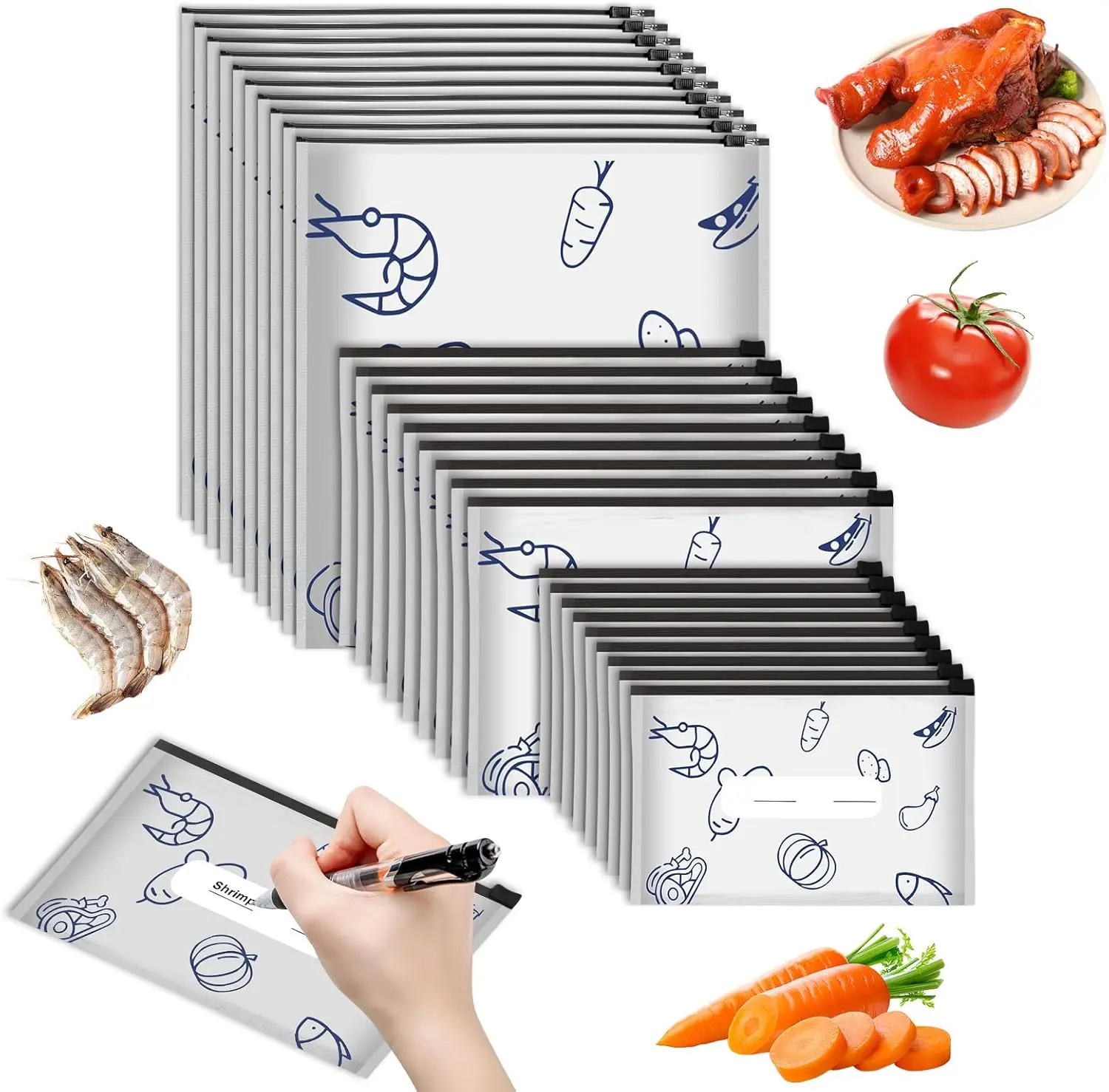 30 PCS Reusable Aluminum Foil Sealable Bags, 2026 New Resealable Vacuum Zipper Pouches, Stand Up Foil Sealable Bags with Label and Zip Lock for Vegetable Fruit Meat