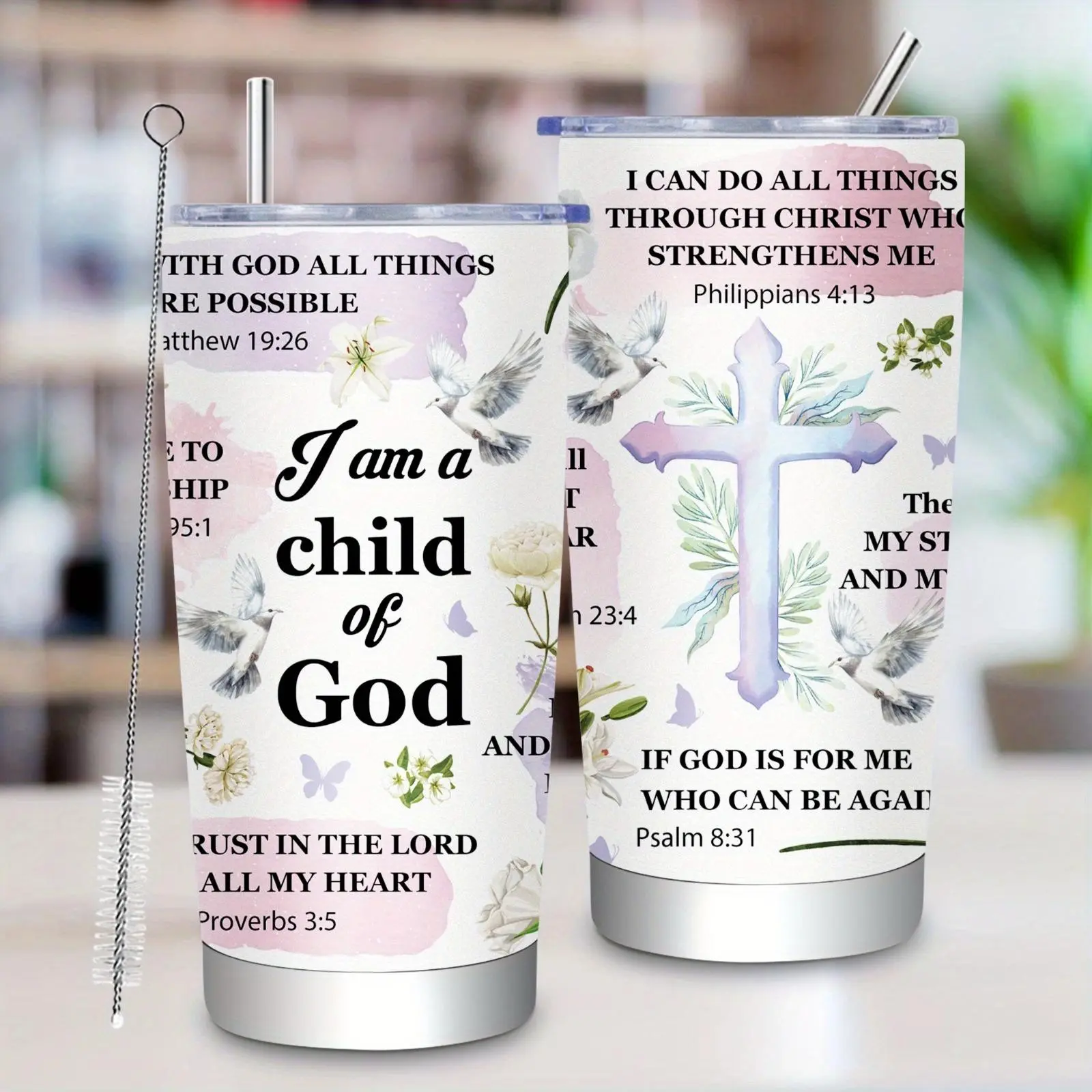 20oz Christian Scripture Print Insulated Stainless Steel Flask Tumbler Mug - Safe, Round Form, Leak-Proof Sealable Lid, PVC-Free, Portable, Straw & Cleaning Brush Included, Hand Wash Only, Ideal for Travel, Faith-Inspired Gift, Flasks