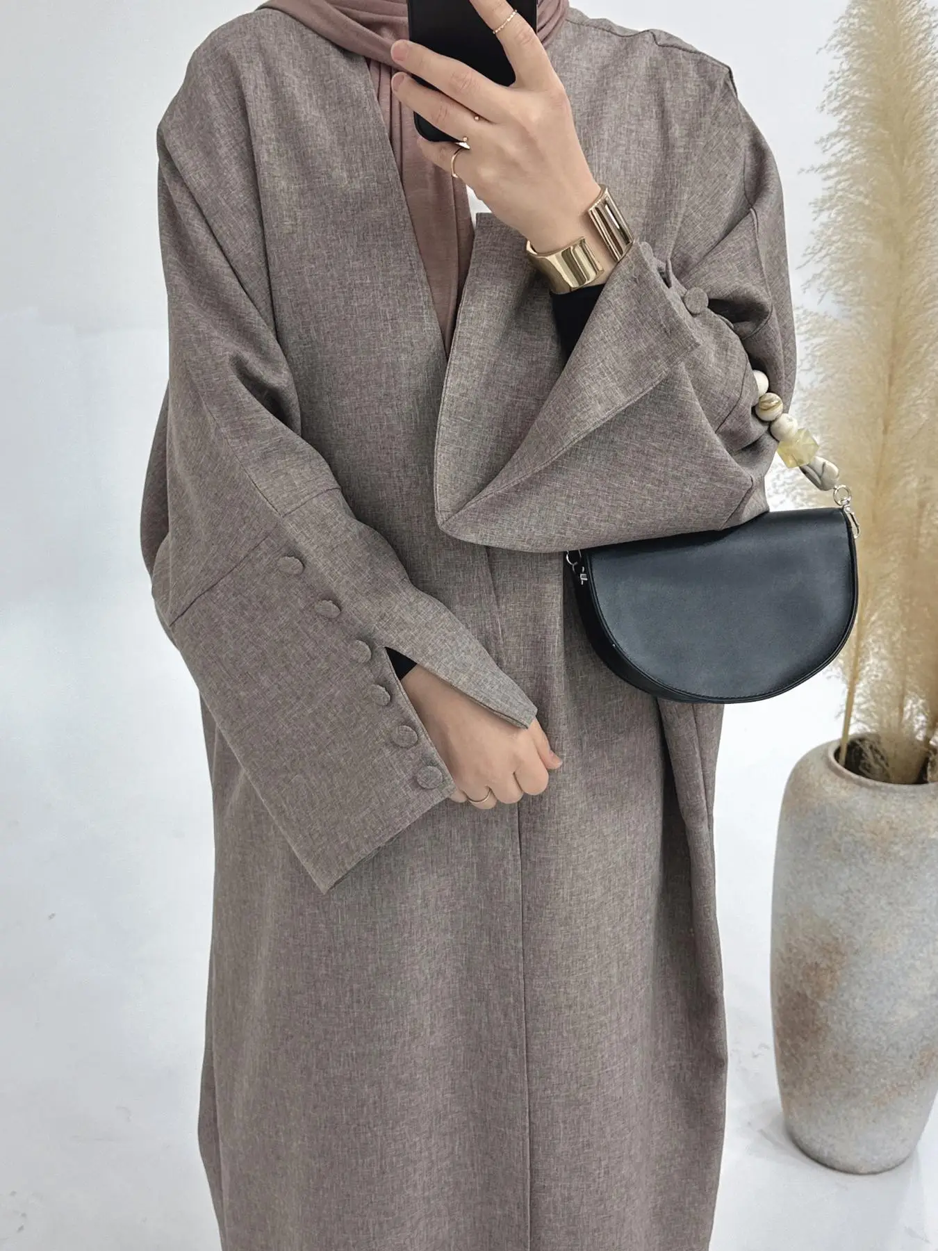 Women's Solid Fake Buttons Split Sleeve Abaya without Hijab, Elegant Long Sleeve Open Front Arabic Clothing, Ladies Clothes for All Seasons