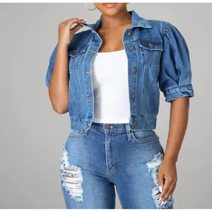 Y2K Aesthetic Cropped Denim Jacket, Women's Puff Short Sleeve Jean Shrug, Casual Trucker Top Streetwear Everyday Wear for Summer Soccer Game Day