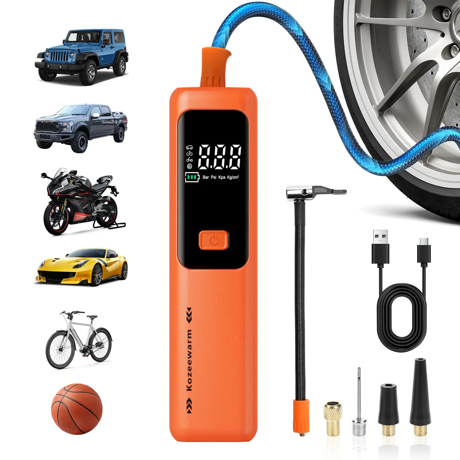 Kozeewarm Cordless Tire Inflator Aircompressor - USB-C Fast Charging, Pressure Gauge, Handheld Automotive Tool for Car/Bike Tires, Travel Essential for Parents