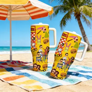 1 Pc 40oz Stainless Steel Tumbler with Handle, Cartoon Family & Burger Illustration Print, Vacuum Insulated Travel Cup with Lid, Keep Hot 12H/Cold 24H, Large Capacity Reusable Cup for Car, Office & Home, Funny Aesthetic Gift for Women & Friends