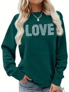 Women's Love Print Round Neck Sweatshirt, Casual Long Sleeve Rhinestone Decor Pullover for Fall & Winter, Women's Clothes for Daily Wear