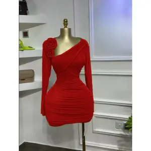 Women’s long-sleeve floral appliqué bodycon midi dress with stacked ruching, asymmetrical neckline; party/birthday dresses; holiday vacation clothing for women; back-to-school; education cocktail prom dresses; elastic mini dress; green dress; red dresses