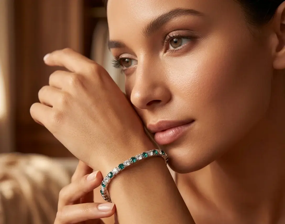 Emerald & Diamond Clear Alternating Bypass Tennis Bracelet