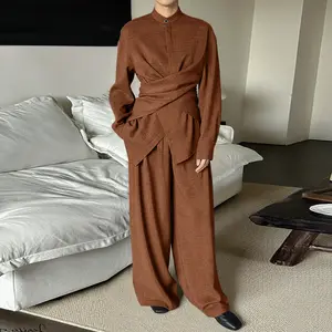 INCERUN Men's 2-Piece Basic Longsleeve Drape Natural Brown Crossover Wrap Stand Collar Shirt & Wide-Leg Trouser Lounge Set - Comfortable, Waist-Flattering, Relaxed Fit, Breathable, Soft Fabric for Smart Casual, Daily Wear