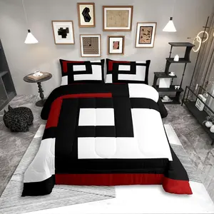 Red Black and White Striped Bedding Set,for Adult Women Men Square Abstract Comforter Set,Modern Geometric Stripes Bold Lines Quilt Set,Minimalist Plaids Bed Collections