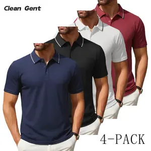 Clean Gent 4-Pack Men's Muscle Lapel POlo Shirt, Casual Short Sleeve Slim Ribbed Golf T-Shirt, Sports T-Shirt Top, Top for Daily Work and Casual Wear
