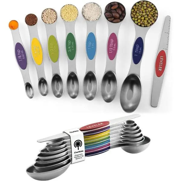 ChefAide Pack of 8 Stainless Steel Magnetic Measuring Spoons Set, Dual Sided, Stackable, Adjustable Teaspoon and Tablespoon Measure Spoon with Leveler, Kitchen Gadgets