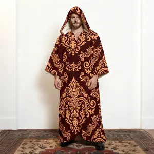 Baroque Gilded Scrollwork Print V-Neck Hooded Kaftan, Gold Filigree Art Long Sleeve Pullover Robe, Men's Closed Front Lounge Wear with Adjustable Hood, Opulent Home Attire