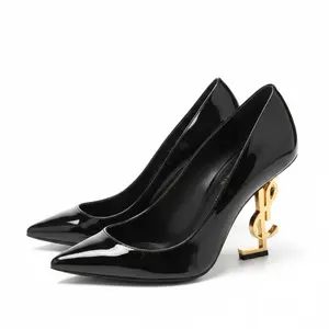 Saint Laurent Opyum 110 pumps in black patent leather with a gold-tone metal YSL logo heel Size 37