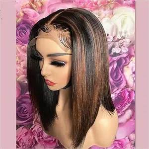 Straight Highlight Ombre Bob Wig Human Hair 13x4 Lace Front Wigs 1b/30 Colored Highlights Honey Blonde Lace Closure Wigs Glueless Pre Plucked Hairline 200% Density Bob Wigs for Women 12 Inch