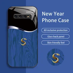 Suitable for [Galaxy S10 Plus] New high-end creative auspicious wood grain snake mobile phone case New business simple tempered glass mobile phone case Affordable anti-fall and anti-fingerprint-888