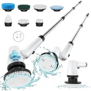 Electric Spin Scrubber Cordless Cleaning Brush with 7 Replaceable Brush Heads & Adjustable Extension Handle, 2 Speed Power Showe