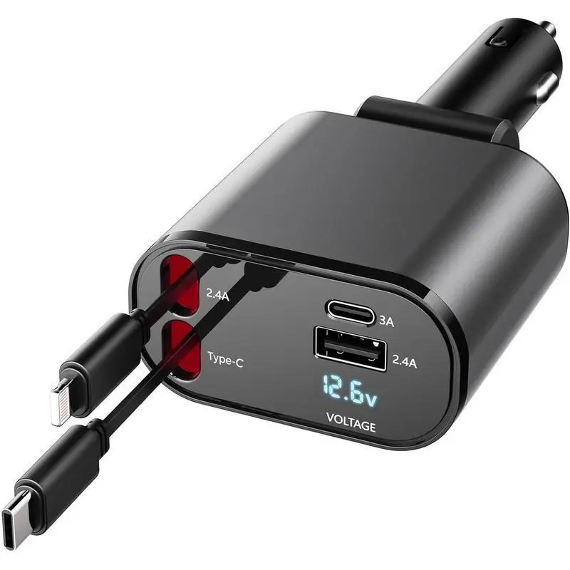 4 in 1 Retractable Car Charger, 100W Max USB C Fast Charging Adapter with Lightning Cable & Dual Charge Port, Cars Accessories Compatible with iPhone 15/14/13 Pro Max Plus, iPad, AirPods, Samsung Galaxy S23/S22/S10, Google Smartphones