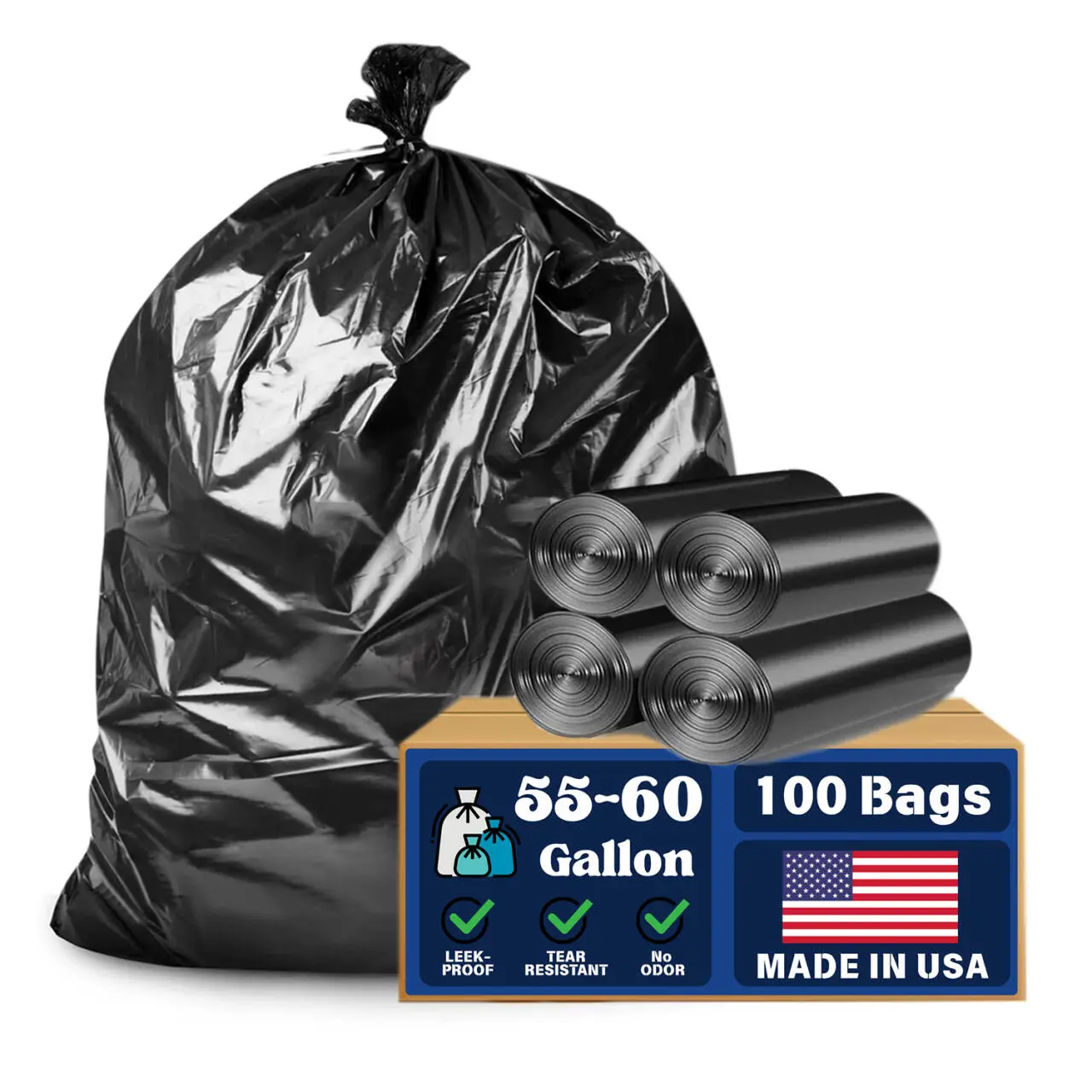 100 Count 50 55 60 Gallon Trash Bags, Sturdy & Tear-Resistant Commercial Can Liners, Large Garbage Bags, Large Black   Bin   Bags for Commercial, Lawn and Leaf Waste Bags, Multi-Use Bag for Kitchen Yard Outdoor Use, Recycling Trash Can Liners