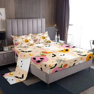Feelyou Pumpkin Pattern Halloween Bedding Sheet Set - Fitted Sheet Included, Pink/Orange/Yellow Kawaii Design for Kids, Teens
