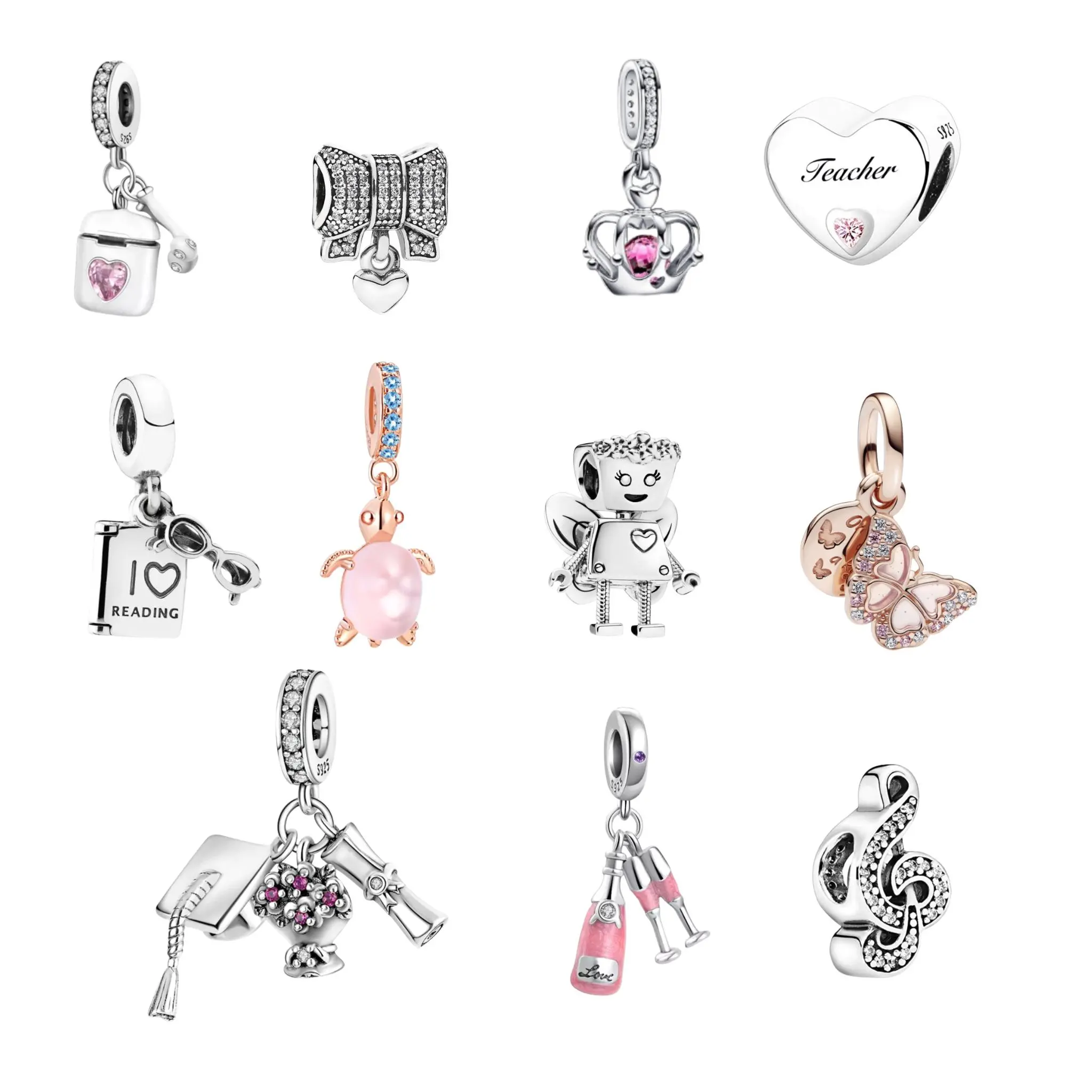 Sterling Silver 925 Bracelet Charms – Heart, Love, Mom, Cute Dangle Charms} Unique Special