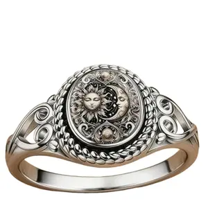 Sun & Moon Starry Sky Ring, Vintage Boho Ethnic Style Unisex Statement Ring, Retro Stackable Jewelry, Retro Rings, Sun Motif Rings
