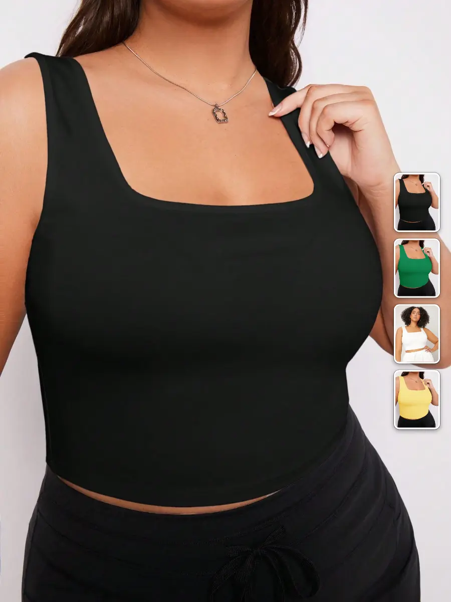 Plus Size Push Up Crop Top Solid Black Tight Fitting Everyday Summer Outfit