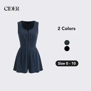 Cider Stripe Lace Up Knotted Micro Romper, Stretchy Summer Romper for Daily Casual Wear, Women's Round Neck Sleeveless Wide Leg Romper, Comfortable Downtown Girl Summer Clothes