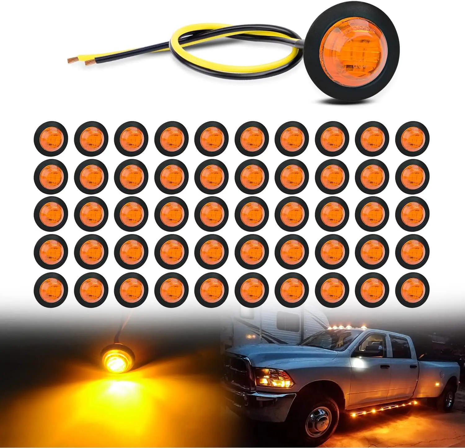 Nilight 50pcs 3/4” Round Amber LED Clearance Marker Kit, 12V Bullet Blinker Signal Lamp with 100000H Lifetime, Waterproof PC Lens, Rubber Cover for Truck Pickup, Boat, Car Light, Cars Accessories