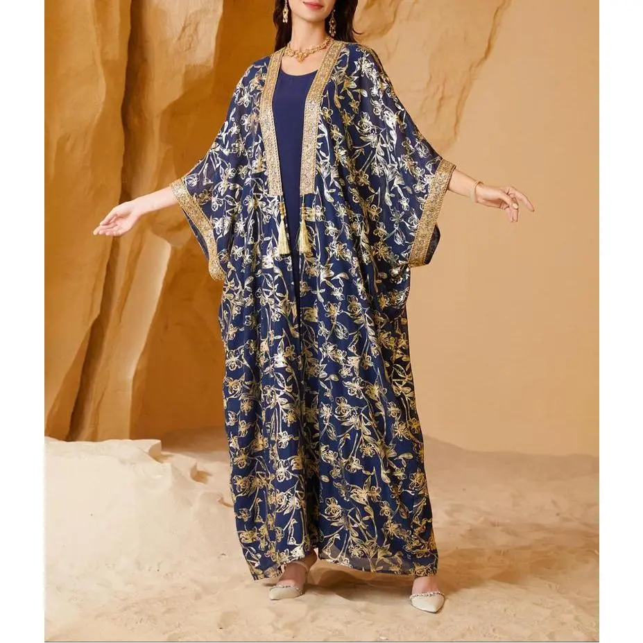 Trendy Women's Embroidered Long Sleeve Abaya & Dress Two-piece Set, Elegant Clothing for Women, Ladies Islamic All Seasons, Formal, Conservative, Versatile, Comfort, Wear, Style, Resistant Cushioned Forward Body