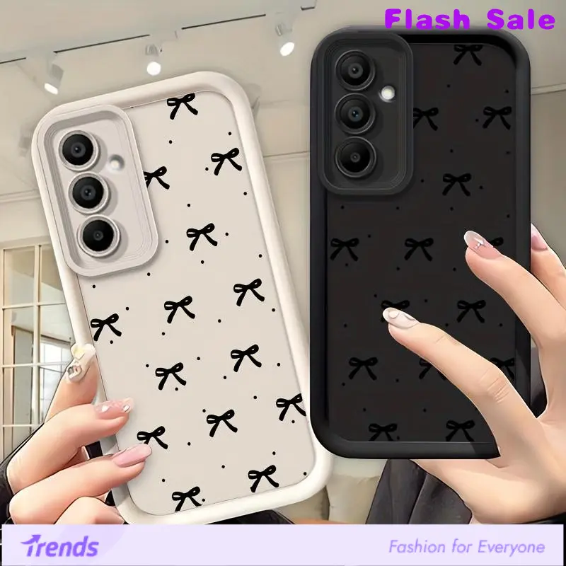 Protective TPU Shockproof Waterproof Smartphone Cover, Fashionable Minimalist Black Bow Design with Sky-Eye Staircase Lens Protector, Mobile Accessory for Samsung Galaxy S26,A54,A53,A52s,A36,A07,A16 4G/5G,A12,A13,A17,A56,A26,A25,A35,A05 4G,A05S,A15, Acces