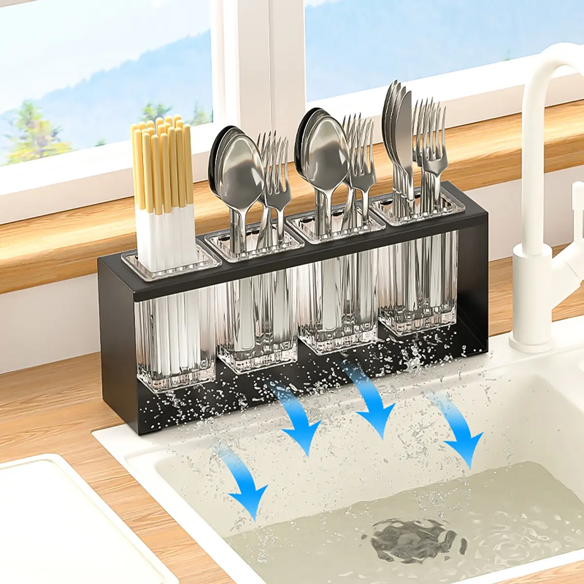 Multifunctional Kitchen Utensil Rack, Drying Design with Drain Tray, 2-3 Compartment Cutlery Holder, Kitchen Utensils Holder, Farmhouse Style, Home Use, Dish Drying Organiser, Countertop Dish Rack, Dish Drying Organizer
