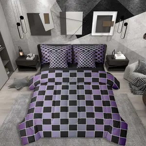 Black Checkered Bedding Set,7 Piece Purple Grey Ombre Bed in A Bag with Sheets Buffalo Plaid Grid Comforter Set for Kids Adults,Aesthetic Gingham Bed Sets