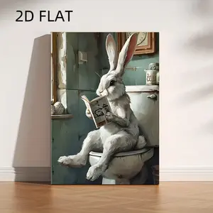 [2D Flat]1pc High-definition canvas decorative painting depicting a fantasy Easter bunny reading, 11.8* 15.7inch (30* 40cm ) with wooden frame - Modern home decoration, can be directly hung in the living room or bedroom