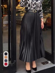 women's solid color pleated skirt, elegant long skirt for work office business, ladies summer clothes, formal fashion skirt