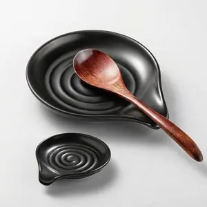 Spoon Rest for Stove Top, 6.1" Large Ceramic Spoon Holder for Kitchen Counter Decor, Heat-Resistant Cooking Utensil Rest, Coffee Spoon Holder, Black Kitchen Spoon Rest for Spoon Ladle Spatula