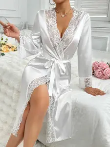 Sexy lingerie pajamas home gowns Ladies' solid color lace patchwork elegant home nightgown and skirt bathrobe Homewear