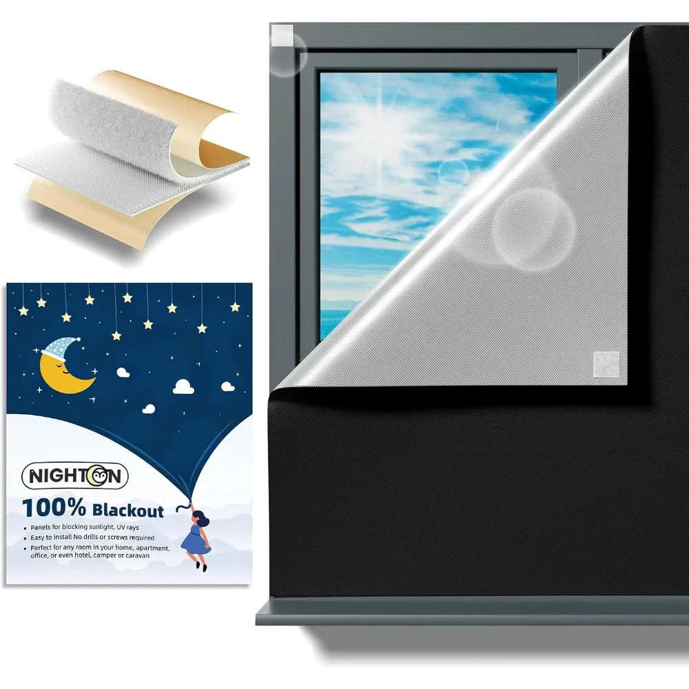 100% Blackout Heat Blocking Sun Protection Curtains (71"×57"), Portable Lightweight Fabric Cuttable Size Window Blinds with Self-Adhesive Hooks & Loop Tape Strips for Baby Rooms, Night Shift Workers - Black