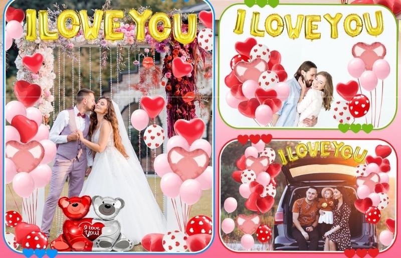 54PCS Valentine’s Day Heart Balloons Set with “I Love You” Foil Balloons, 1000 Silk Rose Petals & Hanging Decor for Wedding, Anniversary & Romantic Night Decorations