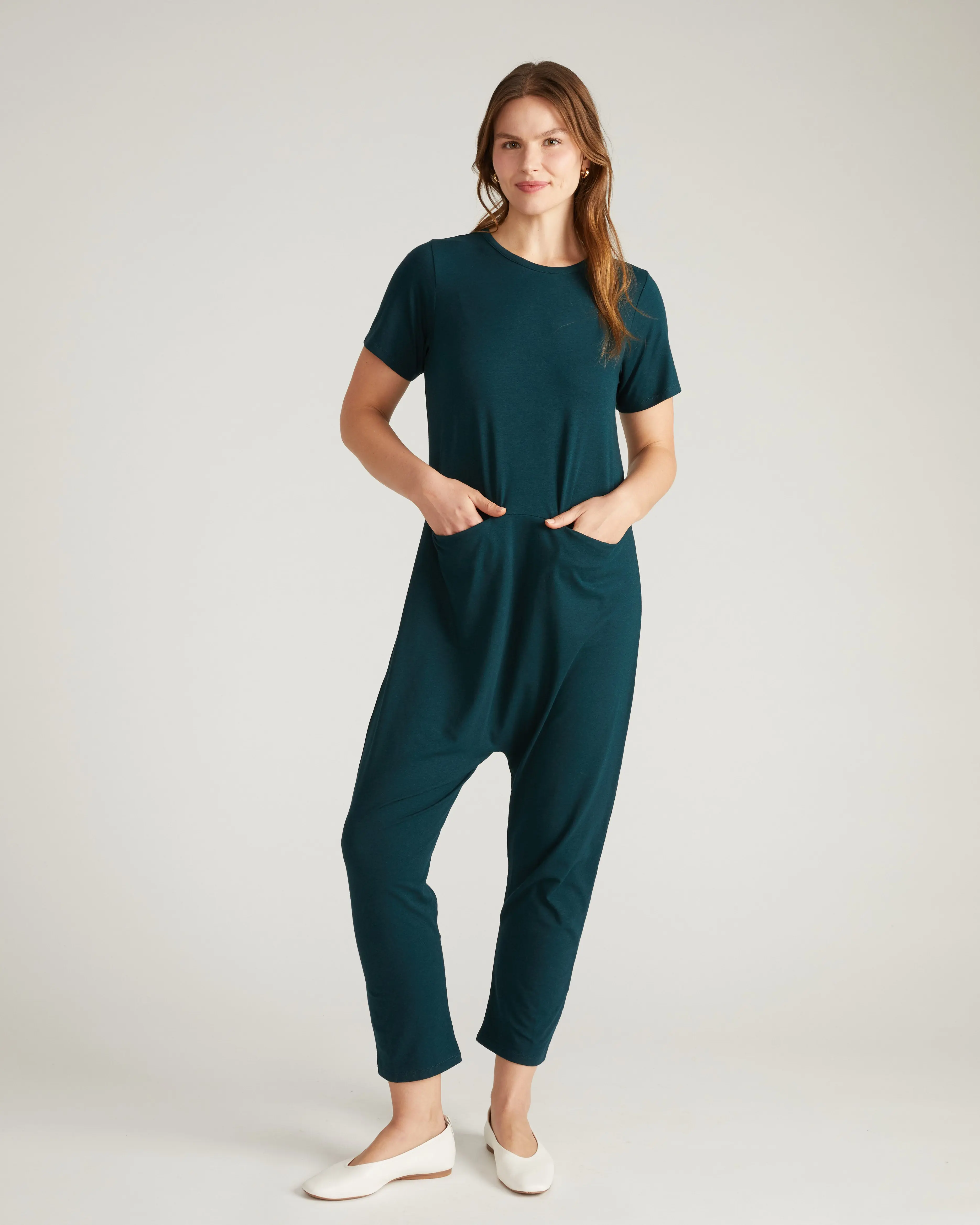 Women's Lounge Style Jumpsuit, Deep Sea Jersey Overalls with a Wrapped Construction and Snap Back Closure, Soft, Pockets, Casual, Lady, Basic, Relaxed, Soft Stretch, Clothes