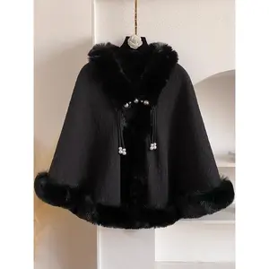 Women's Pearl Decorated Belted Coat with Faux Fur Hem, Casual Multifunctional Shawl for Fall/winter, Warm and Comfortable