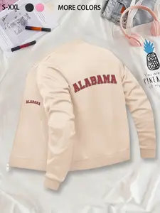 ALABAMA Letter Printed Baseball Jacket - Unisex Casual Zip-Up Jacket. Durable & Stylish Outerwear, Suitable for Daily Wear, Multi-Season Design.