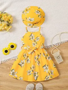Girls' Lemon Tropical Dress, Beach Vacation Essential, Comfortable Soft Fabric, Summer Must-Have, Bright Colors, Perfect for Kids