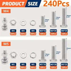 240-Piece Premium Stainless Steel Hex Bolt and Nut Kit - Durable & Corrosion-Resistant, M4 & M5 Sizes, Fully Threaded with Washers, Ideal for Mechanical Applications