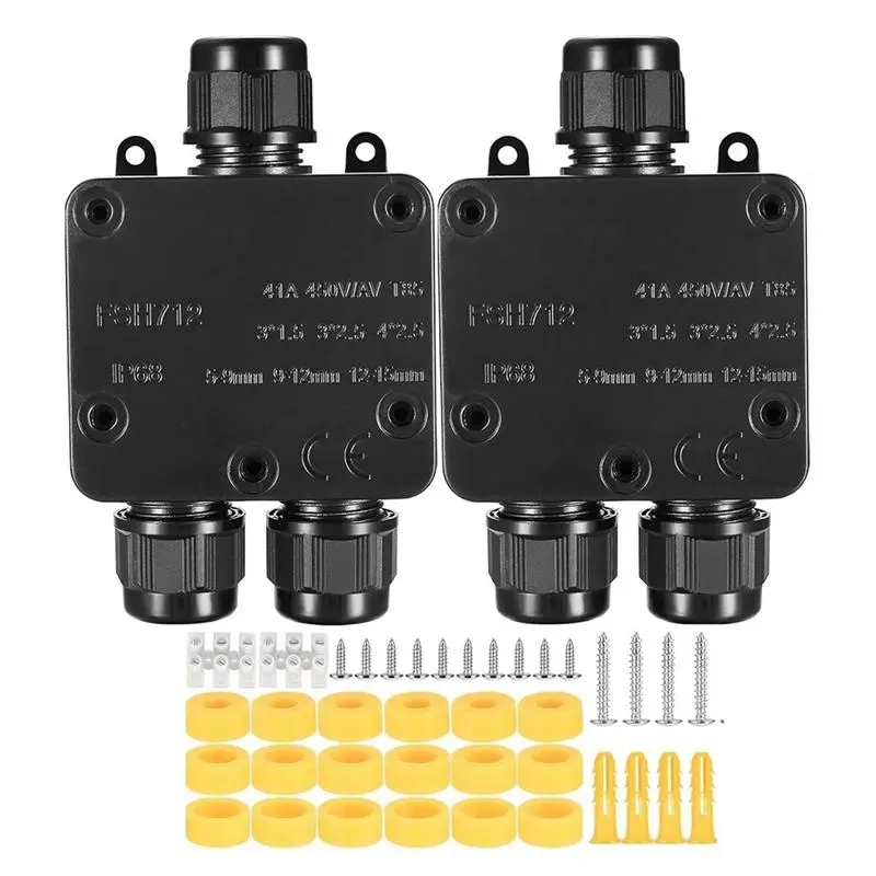 New IP68 Waterproof Y-Type Junction Box - PA9 Outdoor Enclosure with Gland for 4-15mm Cables 2pcs