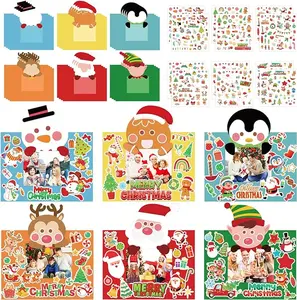 24pcs Christmas DIY Picture Frame Craft with Stickers 6 Styles Cartoon Photo Sleeve Xmas Cards Santa Snowman Elk Gingerbread Holiday Picture Holder Card for Home School Office