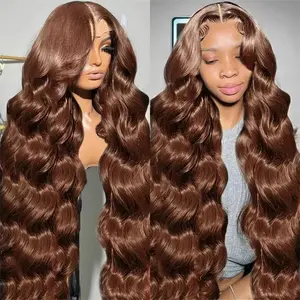 MYLOCKME Transparent Lace Chocolate Brown Body Wave Wig 13x4 13x6 Lace Front Wig 180% Density Pre Plucked Lace Frontal Wig For Women