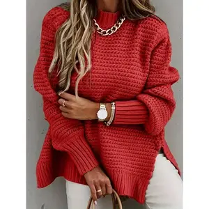 Low High Hem Mock Neck Sweater, Elegant Long Sleeve Sweater For Fall & Winter, Women's Clothing Fabric Knitwear