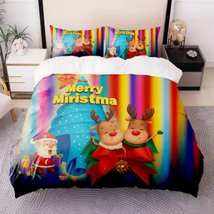 Christmas Theme Merry Miristma Print Bedding Set, 3pcs Digital Print Sheet and Pillowcase, Polyester, Ideal for Bedroom Decor