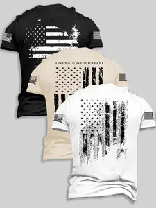 Men's Flag Series Short Sleeve Casual T-Shirt Set, Summer Fashion Outdoor Travel Short Sleeve 3 Piece Pack