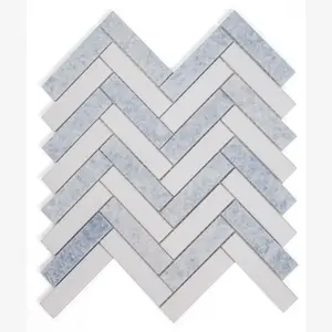 Celestial White & Azul Celeste (Blue) Herringbone 1X4 Polished Mosaic Tile Sample